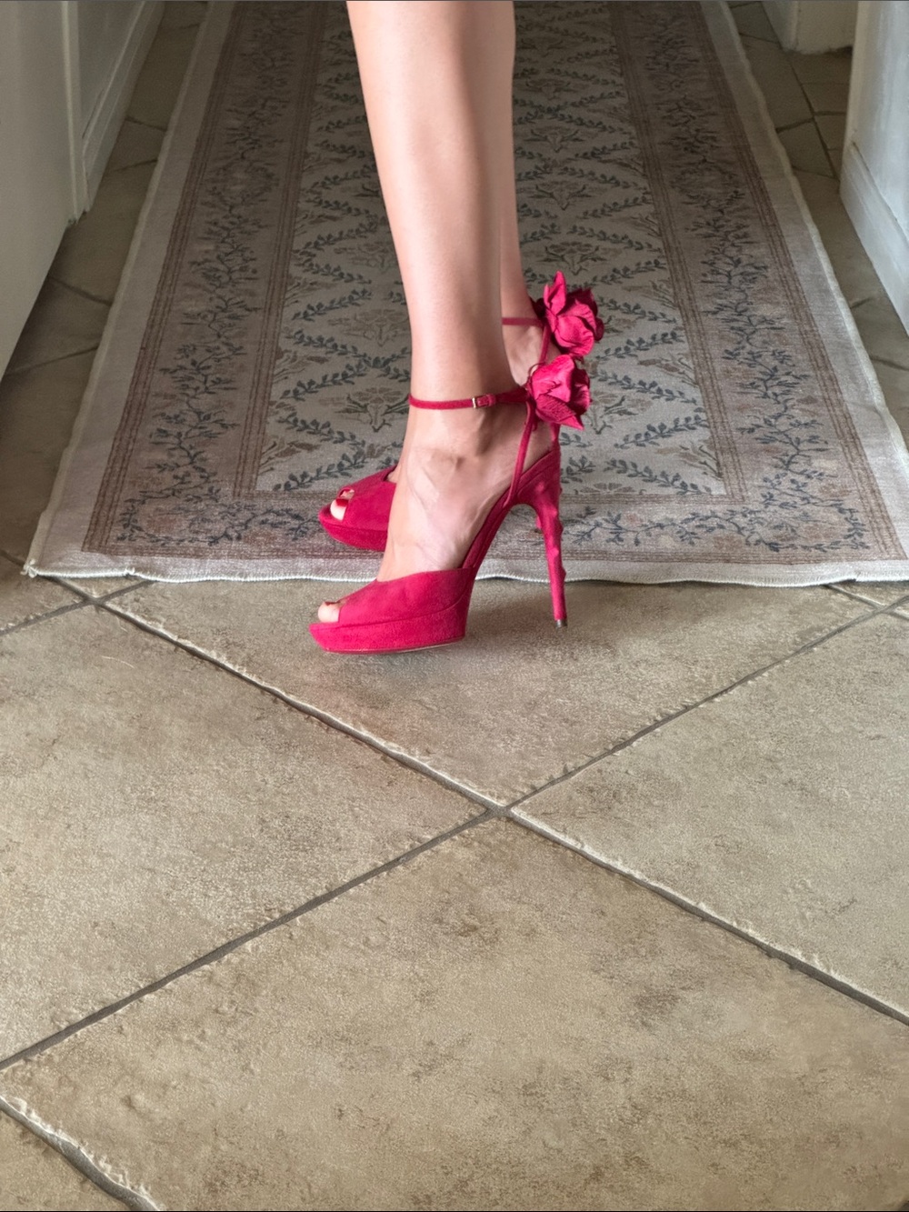 Saint Laurent Red Suede Peep-Toe Stiletto Sandals with Rosette - Picture 10 of 12